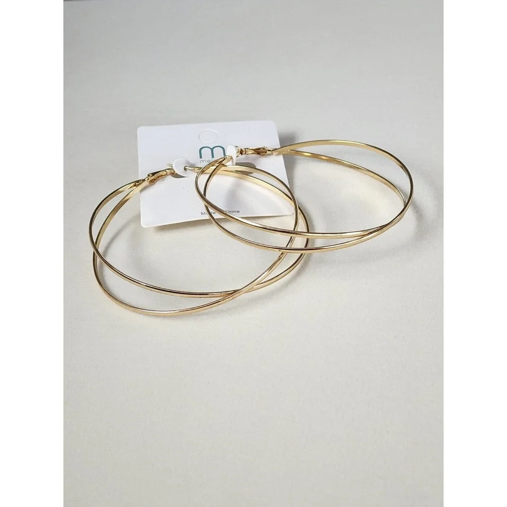 New MELODY Brand Signed Gold Tone Crossed Very‎ Large Hoop Earrings FREE $HIP!!